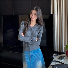 2025秋冬百搭时尚简约v领麻花长袖针织羊绒衫，女装羊绒衫，玛卡隆羊绒