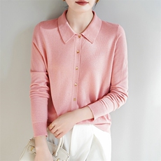 POLO领针织开衫女2025新款长袖衬衣领叠穿保暖精纺羊毛翻领打底衫，女装羊绒衫，暖烁羊绒
