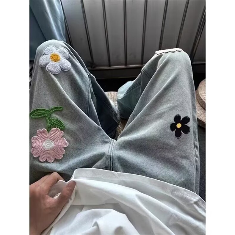 花朵刺绣微喇牛仔裤欧美裤子男高级感设计感直筒休闲裤AM7704P46,男装牛仔裤,星座1013-5