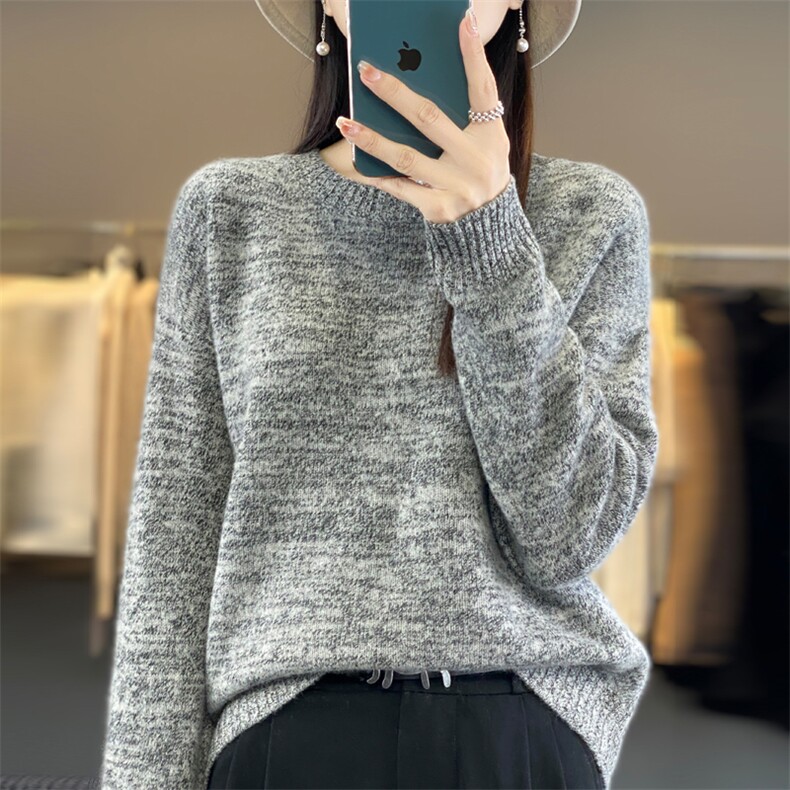 秋冬100%纯羊毛衫女圆领夹花色长袖针织毛衣宽松羊绒衫打底衫上衣，女装羊毛衫，昭美羊绒