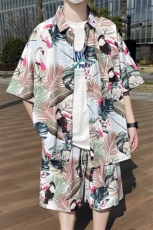 夏日大码套装宽松花衬衫男短袖痞帅休闲上衣两件套衣25裤20/TP45，男装衬衫，电商A012