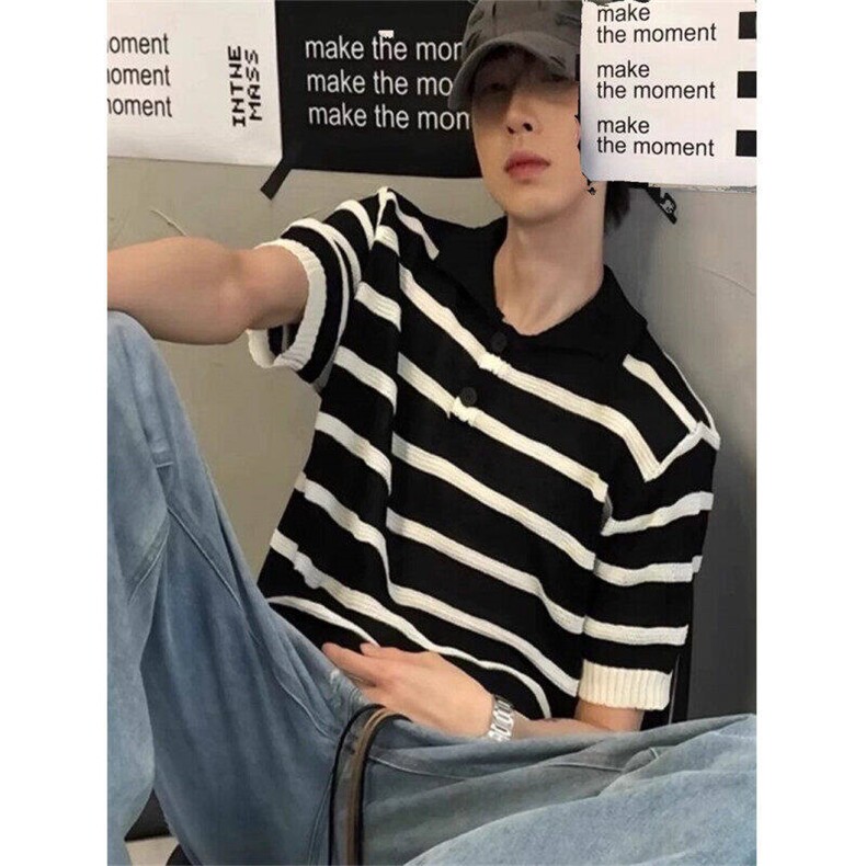 条纹镂空针织短袖男女美式polo衫夏季设计感小众t恤WLY50700-p40,男装T恤,星座1008