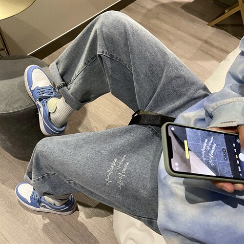 新款宽松直筒净版心电图ins潮牌牛仔裤X715NZ017P45控58，男装牛仔裤，星座715