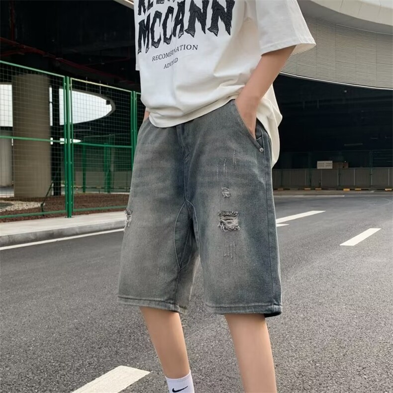 破洞牛仔短裤男夏季2023新款美式复古水洗裤子宽松潮牌直筒五分裤图片