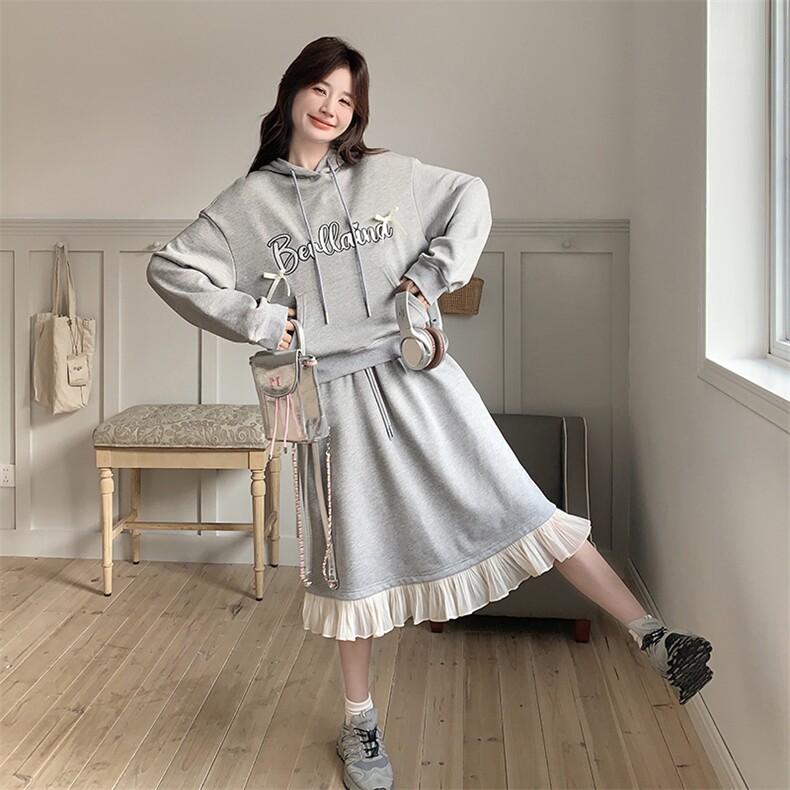 灰色连帽卫衣套装女春2025新款学院风减龄木耳边拼接半身裙两件套,女装套装/套裙,天使之佳话