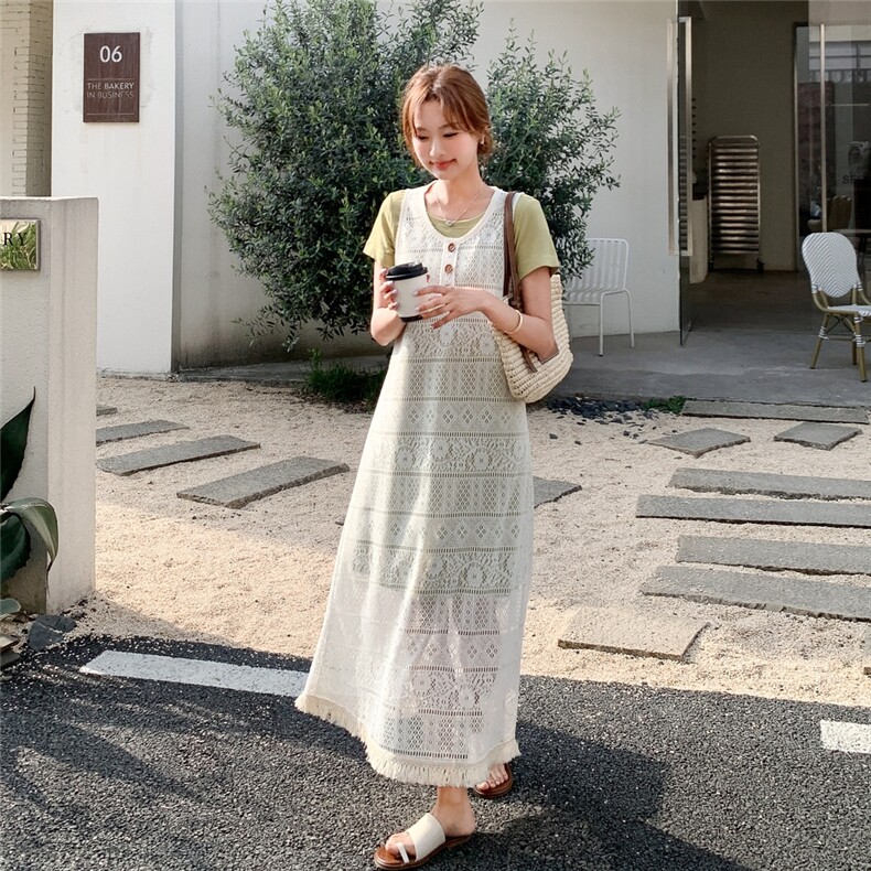 独特减龄感流苏钩花镂空罩衫配T恤裙套装女夏2025新款慵懒两件套,女装套装/套裙,浙宝217