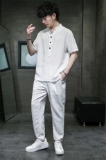 风薄款短袖时尚暗纹小方格提花薄款透气套头长裤套装TZ313，男装T恤，星座305A（原312A-1）