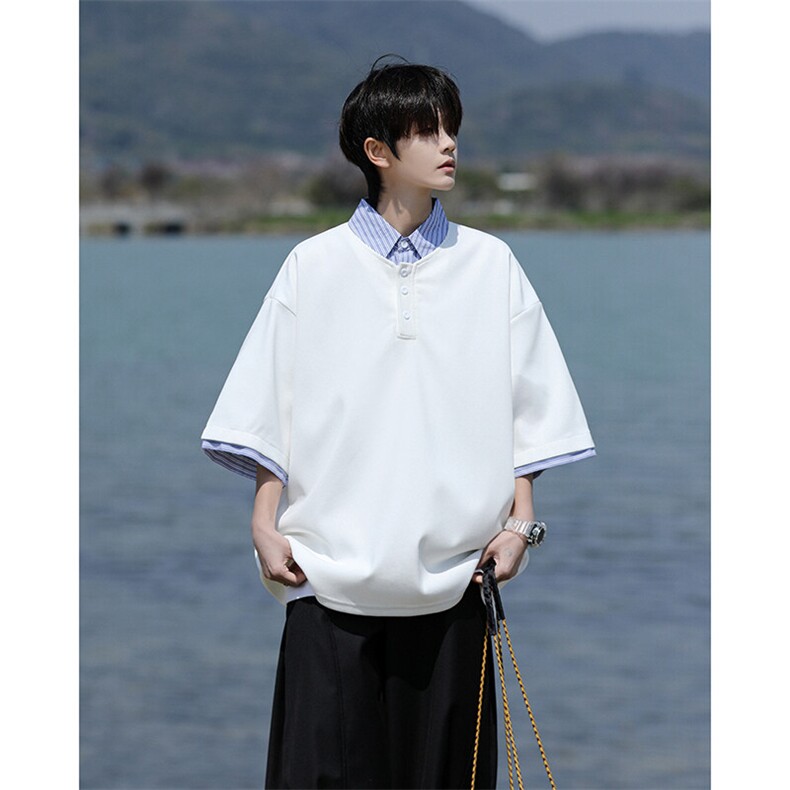 8XL-M假两件衬衫领短袖T恤大码夏季条纹拼接polo衫半袖DX1211/P45,男装T恤,电商B238
