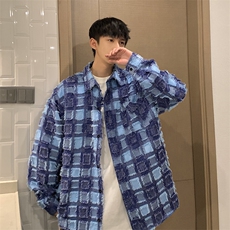 特P45无差价24春款韩版潮流磨毛格子长袖衬衫男大码上衣衬衣C803，男装衬衫，电商A001-1