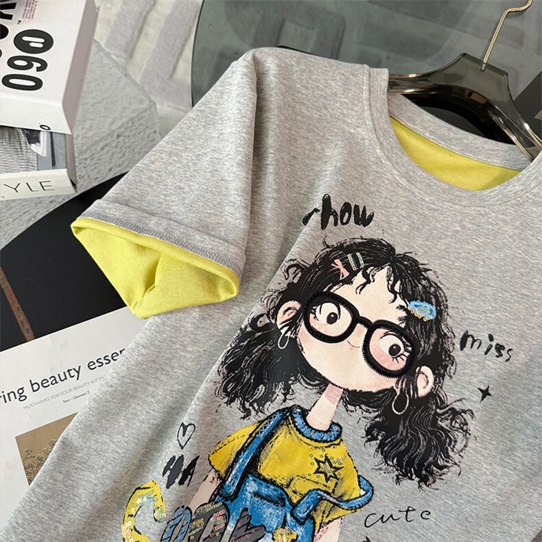 高级感时尚潮流套装女夏新款宽松圆领印花刺绣上衣牛仔短裤两件套,女装套装/套裙,江南