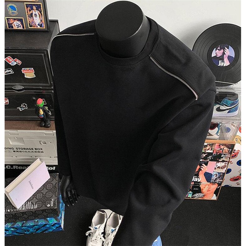 抖音得物高品质26春装设计感长袖打底衫纯色拉链肩圆领卫衣W123,男装T恤,电商A486-1