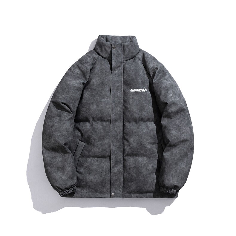 白底立领PU皮复古做旧印花字母图案设计棉衣男MY77719P130控178，男装棉衣，星座226-1