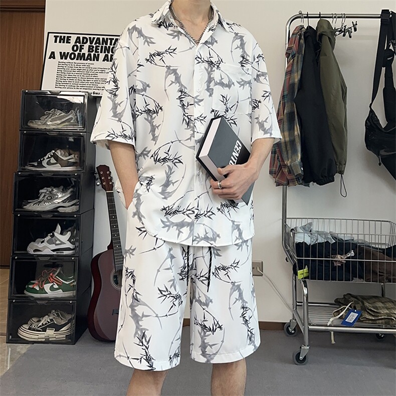 港风泼墨印花休闲套装夏季学生宽松休闲短袖短裤两件套TZ103-P43,男装休闲套装,电商A178
