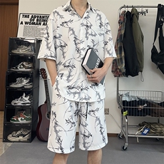 港风泼墨印花休闲套装夏季学生宽松休闲短袖短裤两件套TZ103-P43，男装休闲套装，电商A178