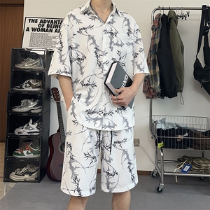 港风泼墨印花休闲套装夏季学生宽松休闲短袖短裤两件套TZ103-P43图片