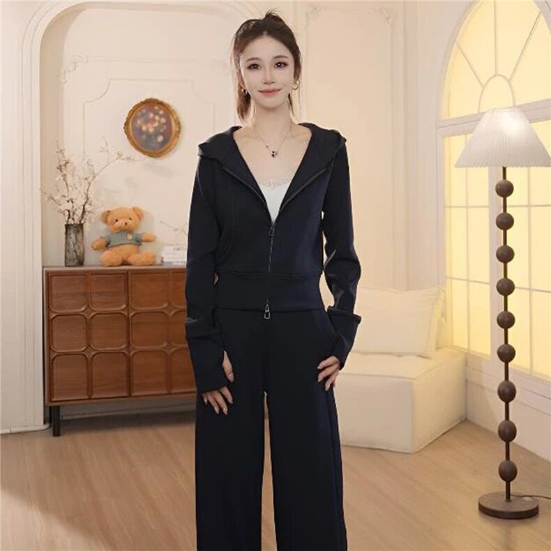 运动休闲时尚套装女春季新款高级感拉链开衫连帽卫衣直筒裤两件套,女装套装/套裙,江南