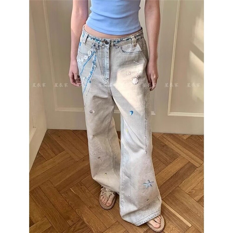 链条蕾丝印花牛仔裤女夏季泼墨设计脏染直筒阔腿裤显瘦百搭拖地裤,男装牛仔裤,星座410-7