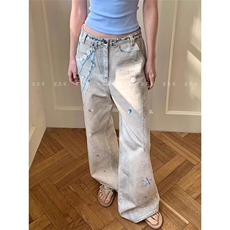 链条蕾丝印花牛仔裤女夏季泼墨设计脏染直筒阔腿裤显瘦百搭拖地裤，男装牛仔裤，星座410-7