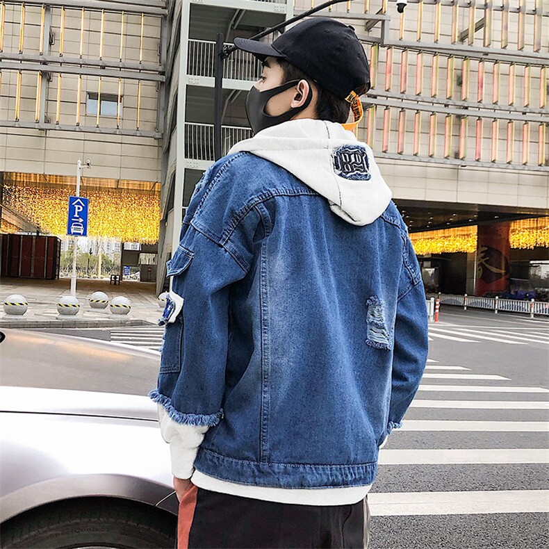 男式牛仔假两件破洞牛仔外套休闲个性潮流连帽夹克J,男装夹克,电商B226-2（原B217-2）