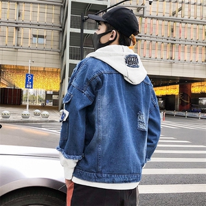 男式牛仔假两件破洞牛仔外套休闲个性潮流连帽夹克J图片