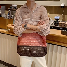 小众镂空拼接翻领polo纽扣针织短袖男宽松夏季拼色T恤Y044-P40，男装Polo衫，星座308B-1