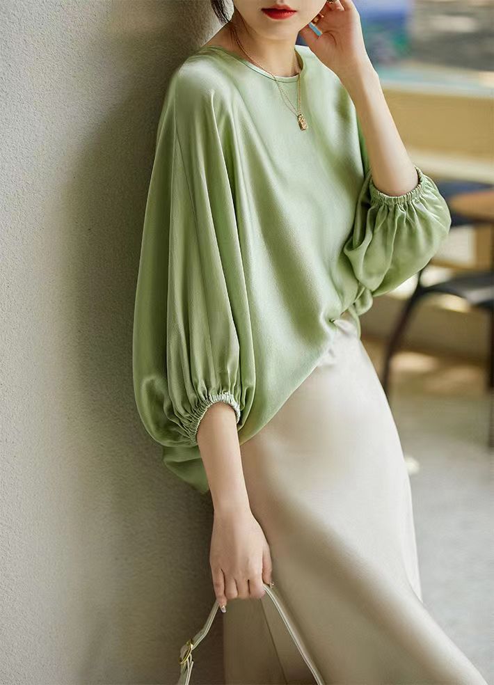 高级感真丝衬衫上衣女九分袖通勤夏季松紧蝙蝠袖套头桑蚕丝小衫,针织衫/毛衣,恒旺羊绒