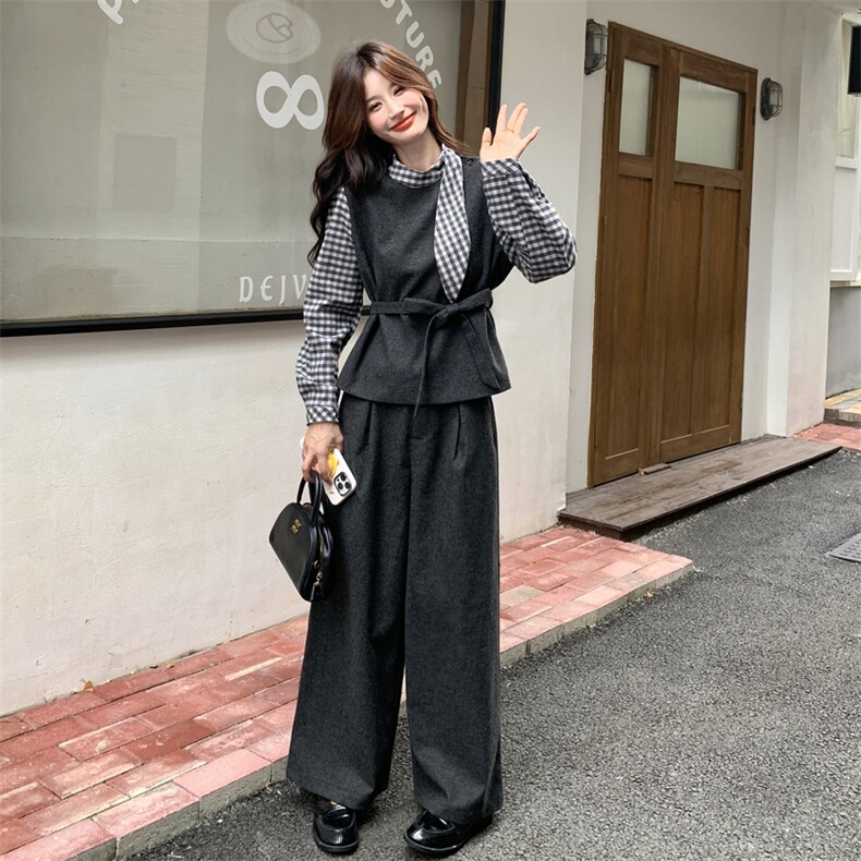 法式优雅气质套装女2025秋新款撞色拼接格纹飘带上衣阔腿裤两件套,女装套装/套裙,2C159