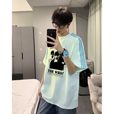 抖音得物品质二开240克宽松纯棉美式潮牌印花三条杠中性风短袖T恤，男装T恤，电商A486-1
