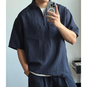 网图 老钱风亚麻套装男polo短袖半拉链衬衫T恤短裤夏装H1108特P58图片