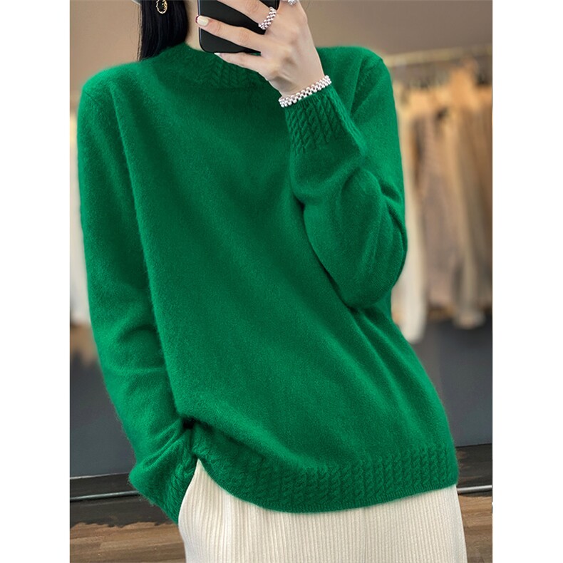 秋冬新款宽松显瘦百搭简约绞花纹半高领羊毛衫，女装羊毛衫，吉高羊绒