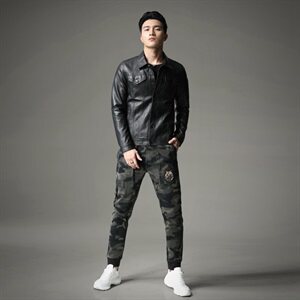2021 秋季新款男士翻领机车皮外套 修身潮男皮衣 8081-1图片