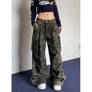 美式复古褶皱多口袋迷彩工装牛仔裤女高街潮牌显瘦堆积感拖地裤子图片
