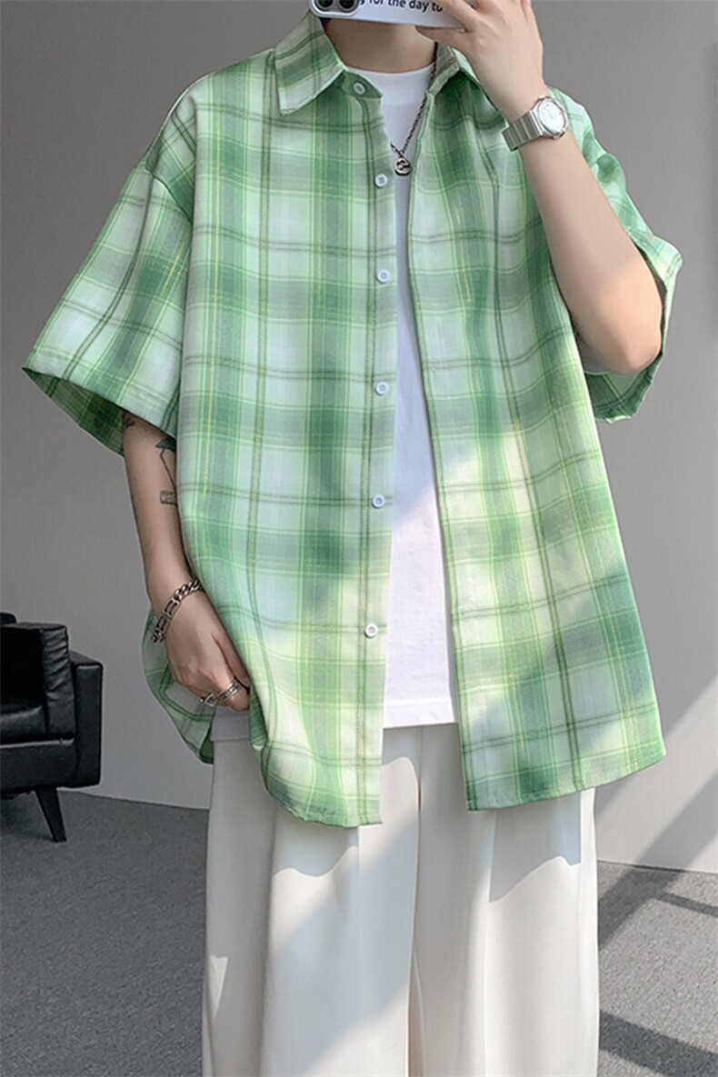 8XL-M格子短袖衬衫男夏季薄款DK制服衬衣JK学院风半袖外套DC28004,男装T恤,电商B312