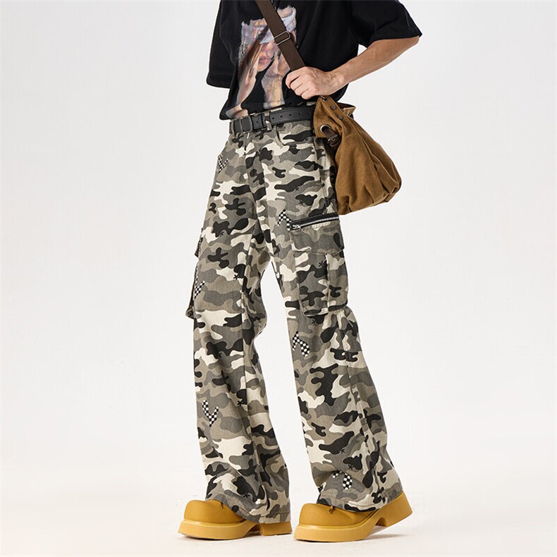 美式复古微喇叭修身迷彩工装裤子欧美宽松直筒设计感裤K6336-P53，男装工装外套，星座412-3