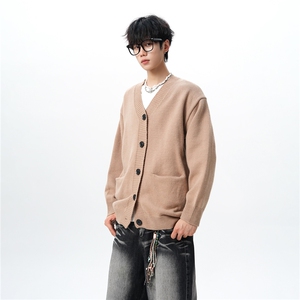 8XL-M大码V领开衫毛衣外套男日系复古宽松慵懒风针织衫KS002p55图片