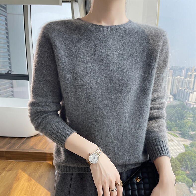 100%羊毛衫女无缝圆领软糯加厚纯色长袖毛衣宽松显瘦针织打底上衣,女装羊毛衫,美轩羊绒