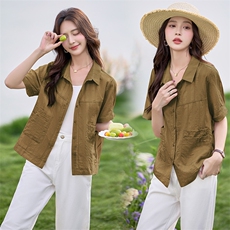 时尚休闲翻领短袖衬衫女2025夏季新款宽松大码减龄透气薄衬衣上衣，女装衬衫，余墨
