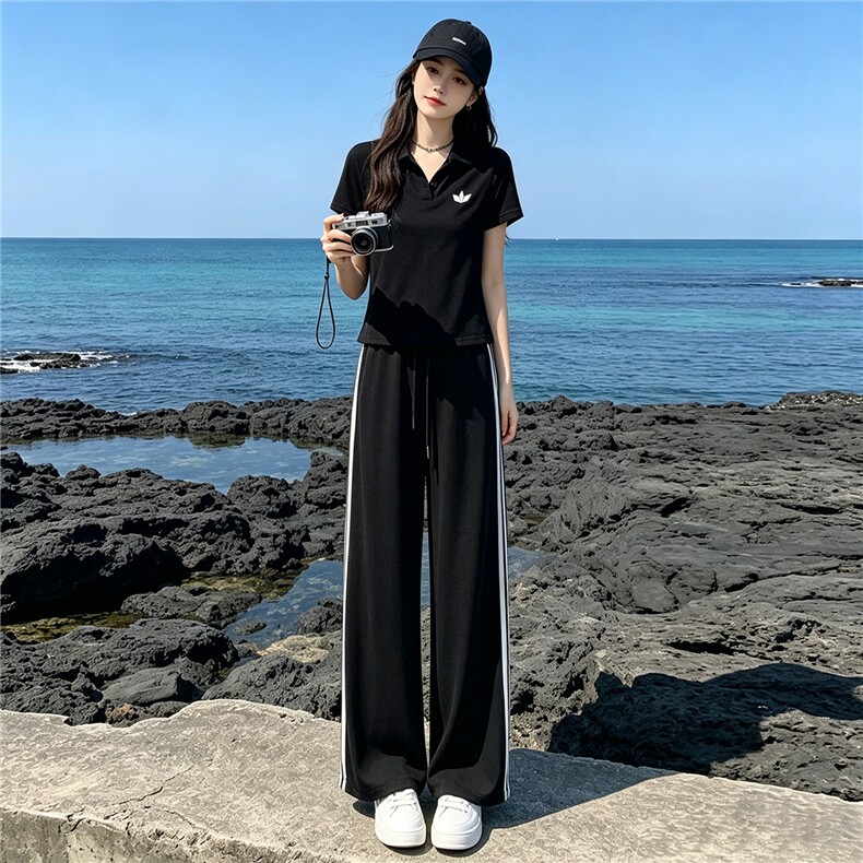 韩系穿搭一整套时尚套装女夏季新款撞色拼接半开领上衣长裤两件套图片