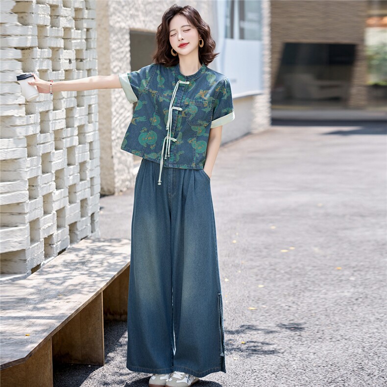 新中式国风盘扣牛仔套装女2025夏季爆款复古印花休闲时尚两件套潮,女装套装/套裙,欣品汇