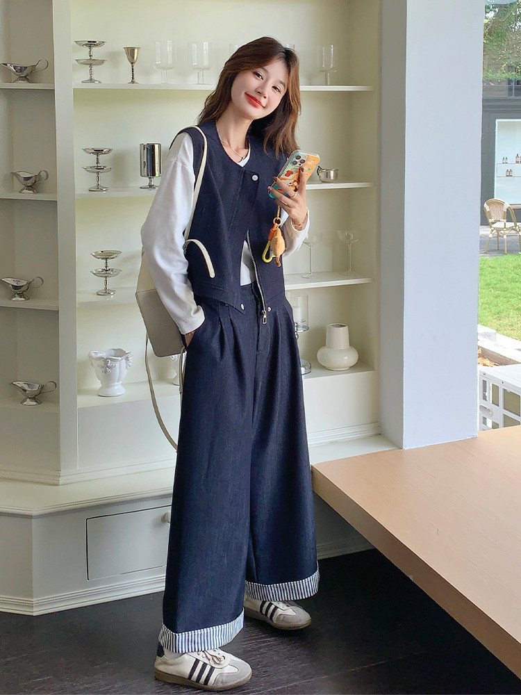 韩系松弛感套装女2025年秋季新款复古设计感马甲休闲阔腿裤两件套,女装运动套装,浙宝285（原212）