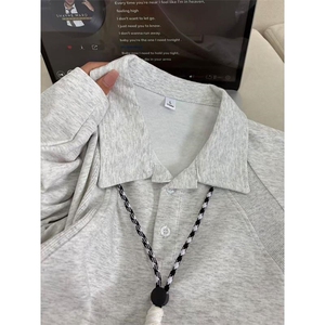 抖音得物高品质美式高街重磅曼巴棉结构螺纹拼接翻领卫衣长袖T恤图片