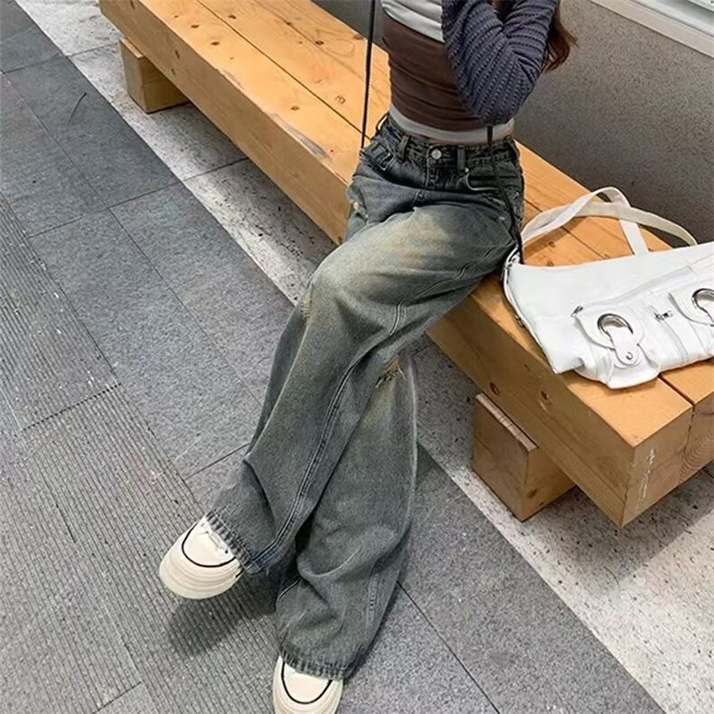 新中式复古破洞直筒牛仔裤女春秋季新款小个子高腰阔腿乞丐裤子潮,男装牛仔裤,星座1210-1