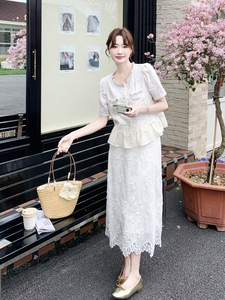 2026夏季新款套装裙女夏季法式温柔风蕾丝提花上衣半身裙两件套图片