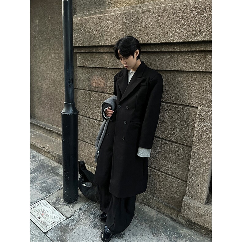 现货~戗驳领收腰垫肩毛呢大衣过膝长款风衣外套Y961-P125，男装风衣，星座1004-3