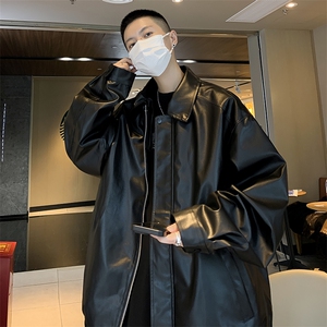 A812-P66 美式潮牌翻领宽松pu皮拼接机车服秋季皮衣外套男款夹克图片