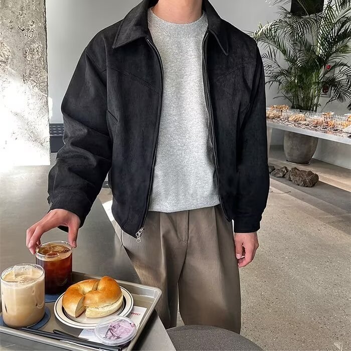 阿美咔叽高级感美式复古加绒加厚男士秋冬短款飞行夹克麂皮绒外套,男装夹克,星座813-2