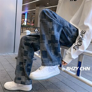 棋盘格牛仔裤男春秋2025新款美式高街vibe风潮牌痞帅阔腿休闲长裤图片