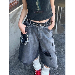 美式水洗七分牛仔裤男女夏季hiphop宽松帅炸街阔腿短裤L55533-P43图片