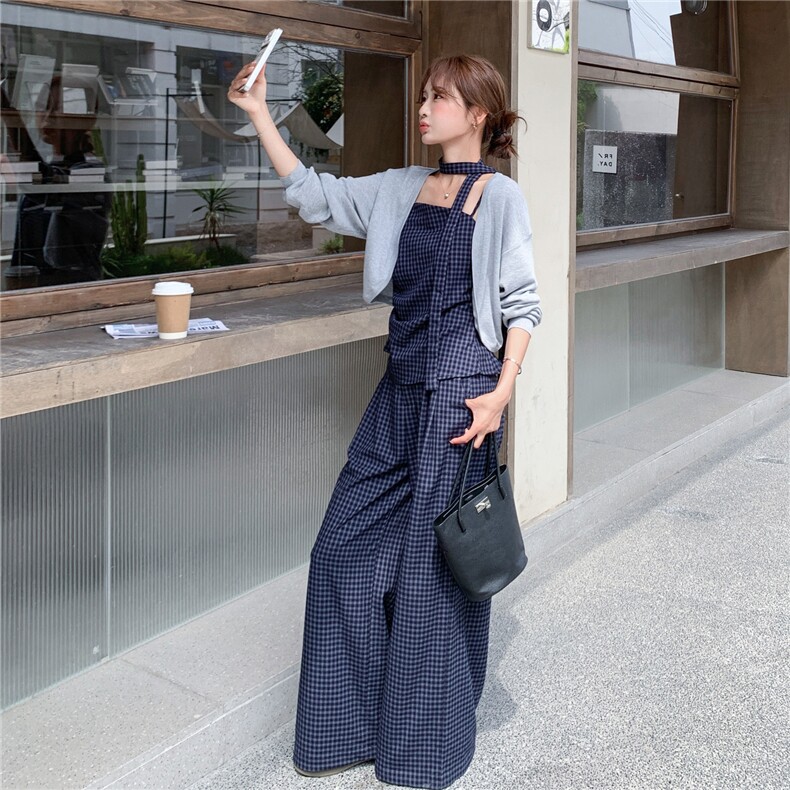 洋气时髦设计感复古格纹套装女2026春夏新款开衫吊带阔腿裤三件套,女装套装/套裙,艾米莉亚