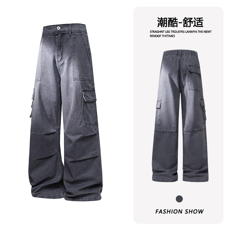 B221 美式ins高街暗黑宽松直筒洗褪工装牛仔裤LK25438-P75控98图片